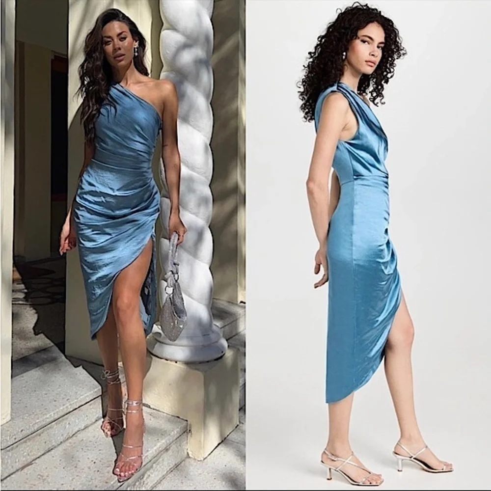 NWT ELLIATT 90s Ruched Satin Sleeveless 1 Shoulder Tulip Wrap Hem Midi Dress‎ XS